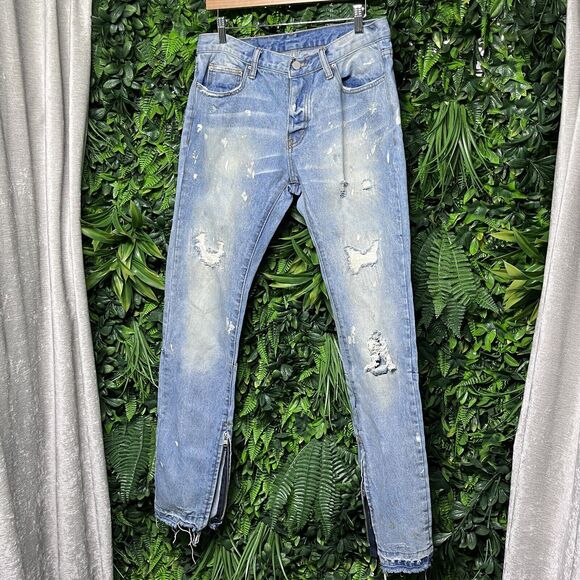 MNML jeans Men 33 Blue Denim Slim Skinny Distressed Ripped Paint Ankle Zip 2530 - Picture 2 of 11